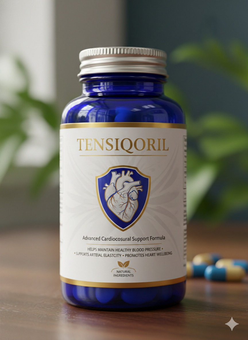 Tensiqoril dietary supplement bottle for circulatory wellness